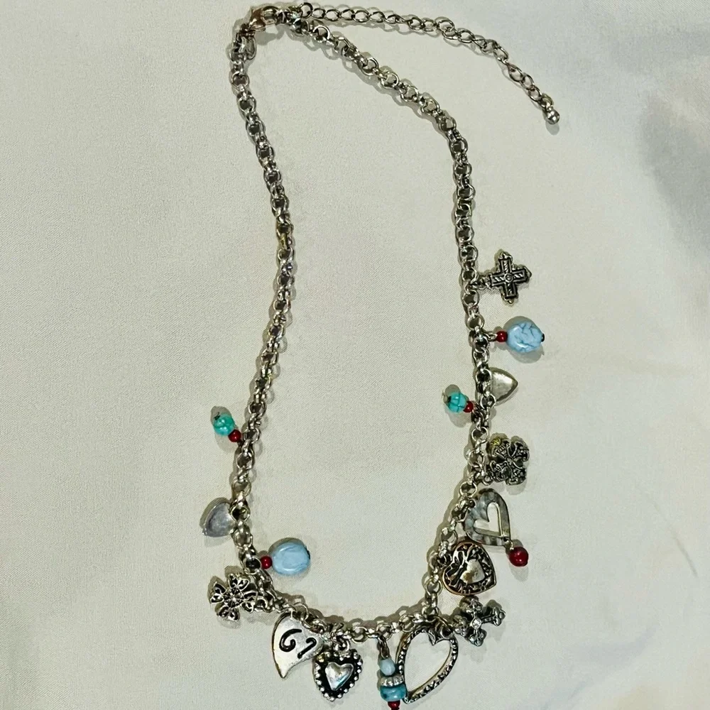 Premier Design Silver-Tone Charm Heart & Bead Necklace - Blue & Red Accents - Picture 1 of 5